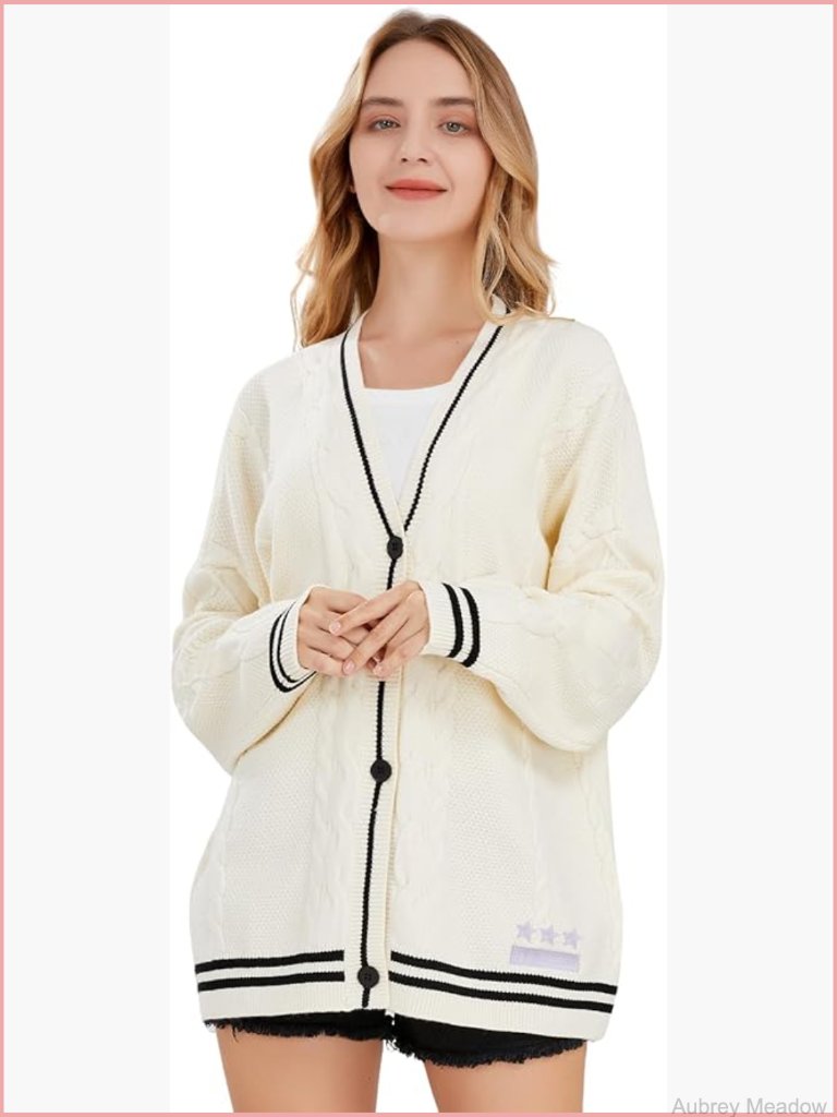 Embroidered Cable Knit Cardigan Open Front Button Down Long Sleeve